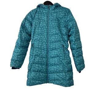 Lands End Girls XL Teal Cheetah Print Faux Fur Lined Hooded Puffer Parka Jacket